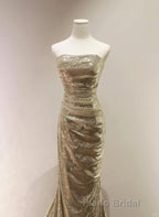 Gold Sequins Mermaid Scoop Long Evening Dresses, Gold Long Formal Prom Dresses Party Dresses