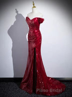 Dark Red Sequins Mermaid Sweetheart Formal Prom Dress, Dark Red Evening Dress