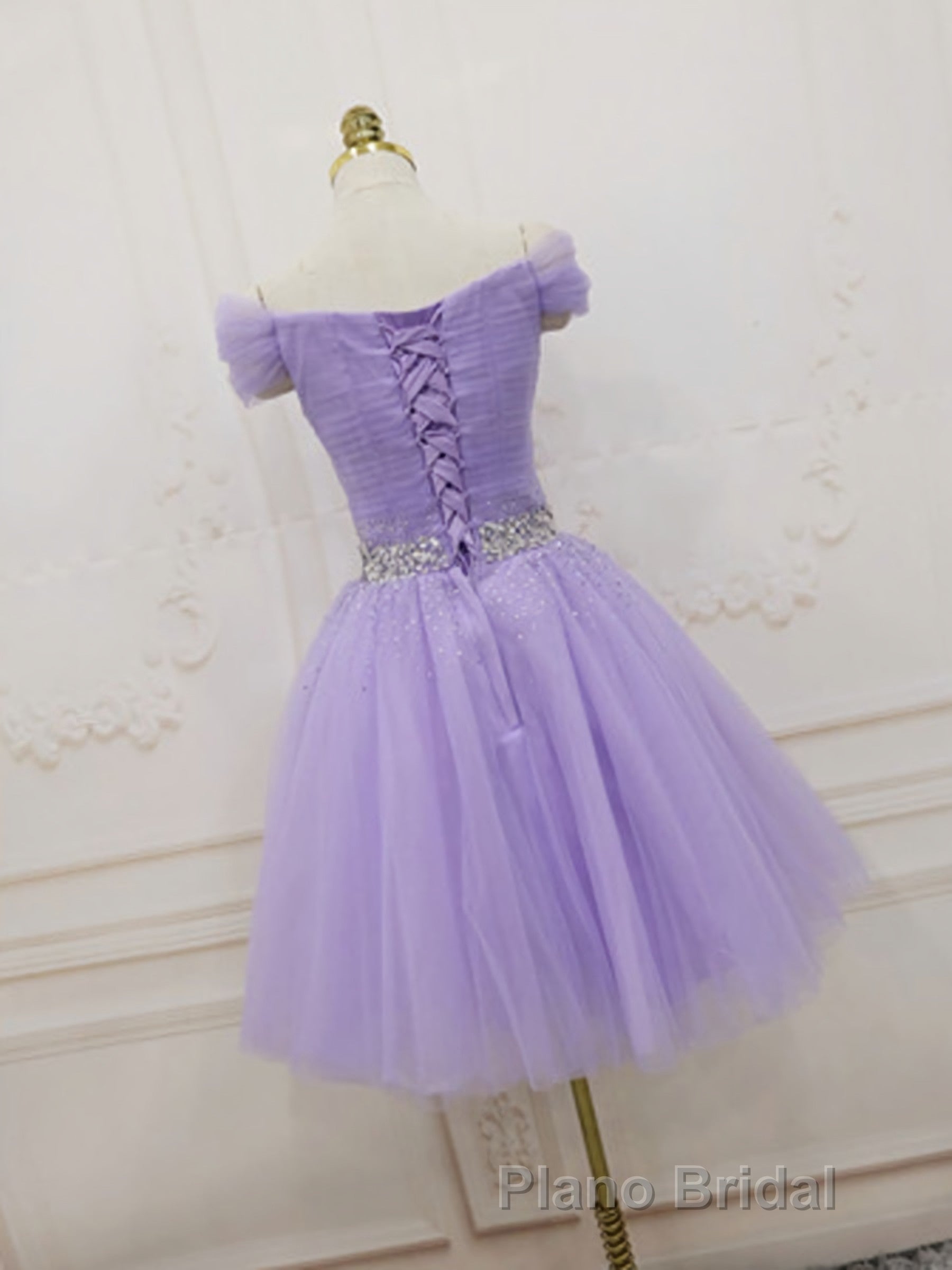 Purple Off Shoulder Tulle Sequin Formal Prom Dresses, Purple Homecoming Dresses