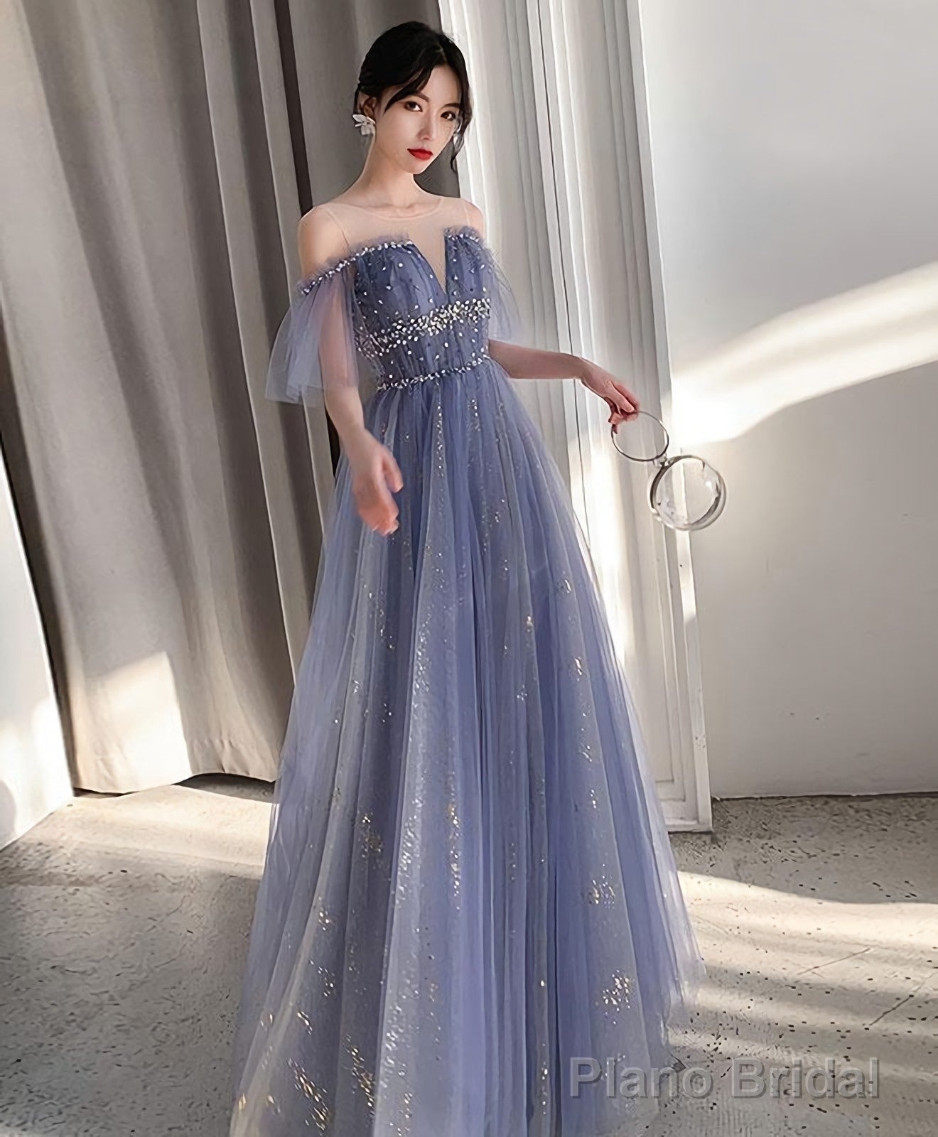 Blue Tulle Lace Long Prom Dress Blue Tulle Lace Evening Dress 3 Main image