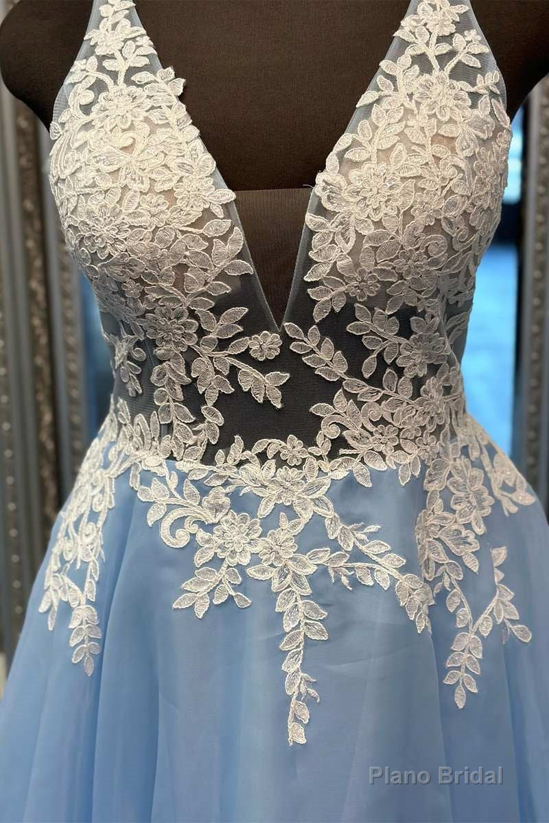 Light Blue Floral Lace V-Back A-Line Long Prom Dress Secondary image