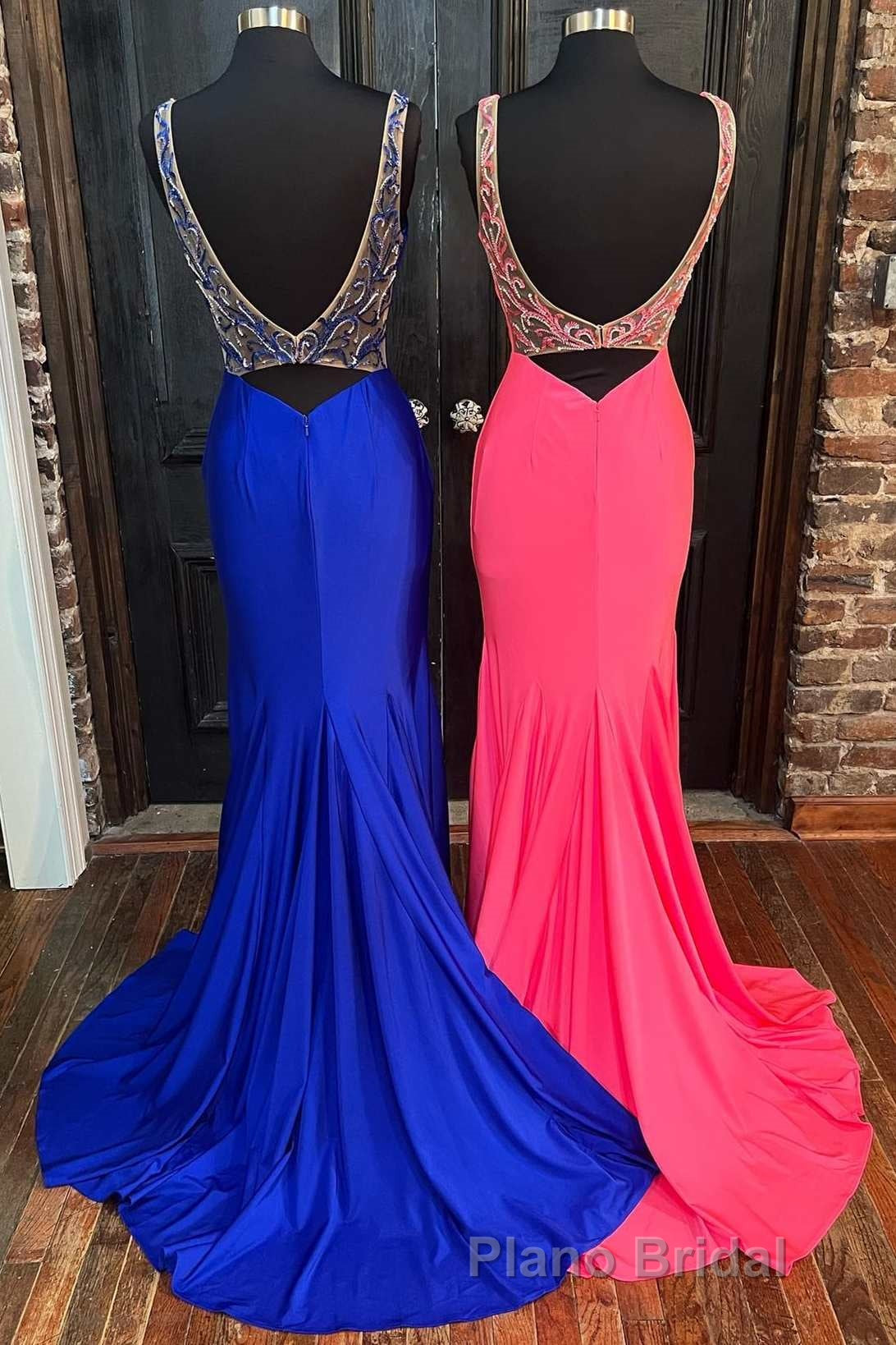 Royal Blue V-Neck Open Back Mermaid Long Formal Prom Dresses