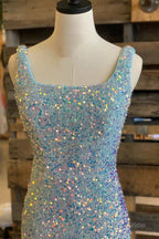 Light Blue Iridescent Sequin Square Neck Mermaid Long Formal Dress