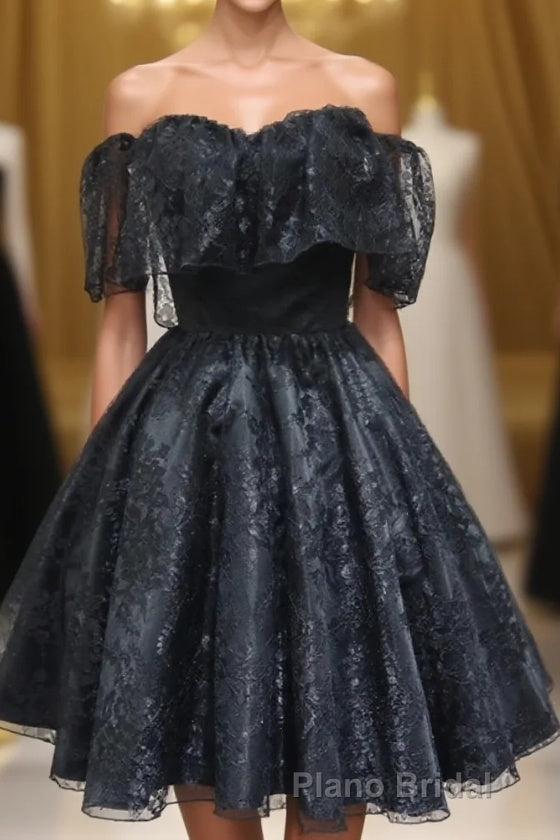 Black Sweetheart Tulle Short Lace Formal Prom Dresses, Lace Homecoming Dresses