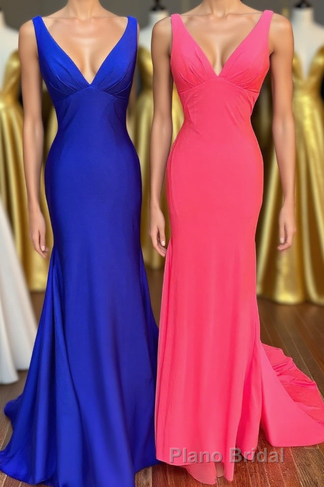 Royal Blue V-Neck Open Back Mermaid Long Formal Prom Dresses Main image