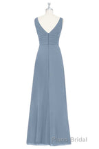 Dusty Blue V-Neck Banded Waist Ruffled Long Bridesmaid Dresses