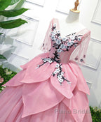Pink V Neck Tulle Lace Applique Long Formal Prom Dress, Pink Evening Dress, 1