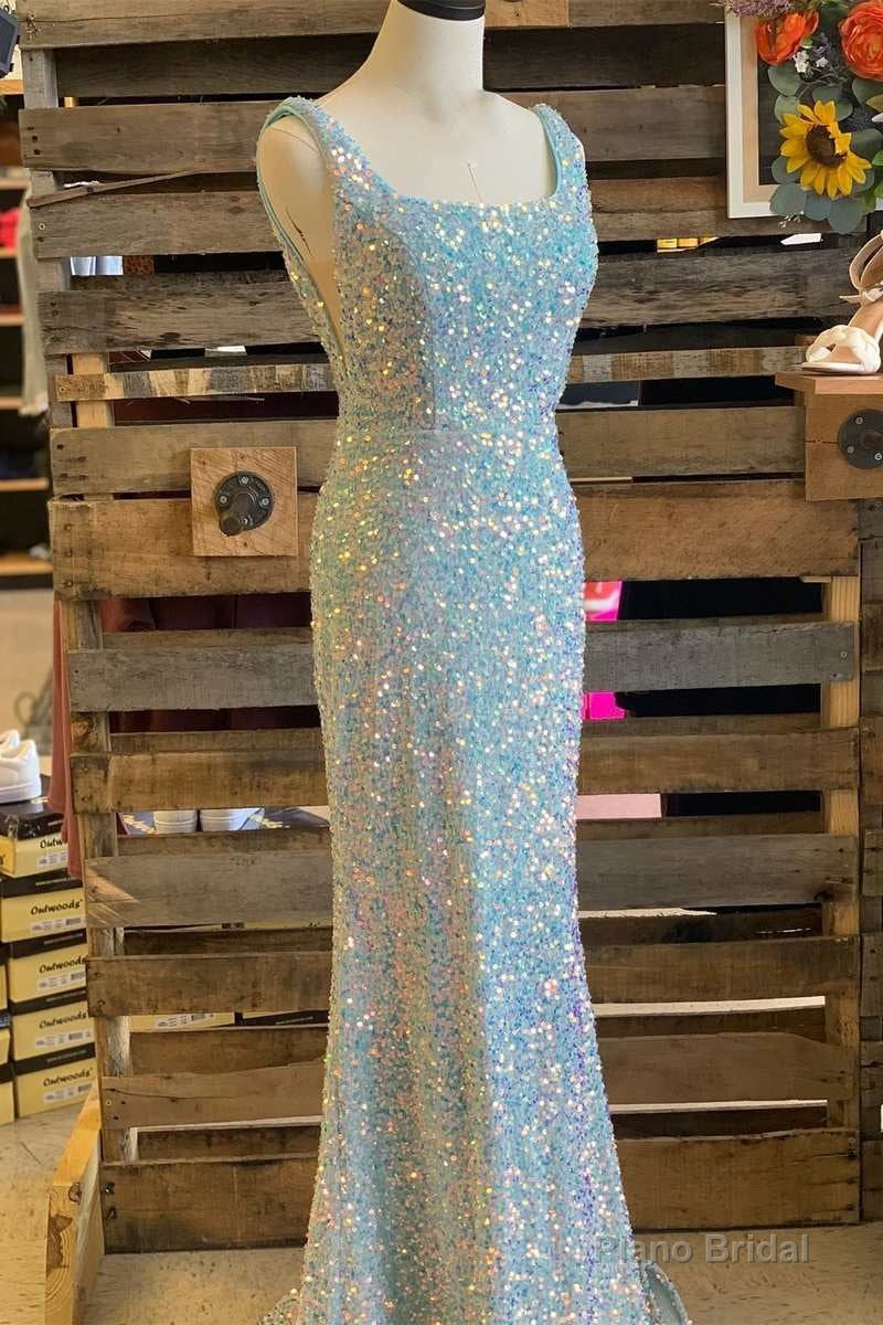 Light Blue Iridescent Sequin Square Neck Mermaid Long Formal Dress Secondary image