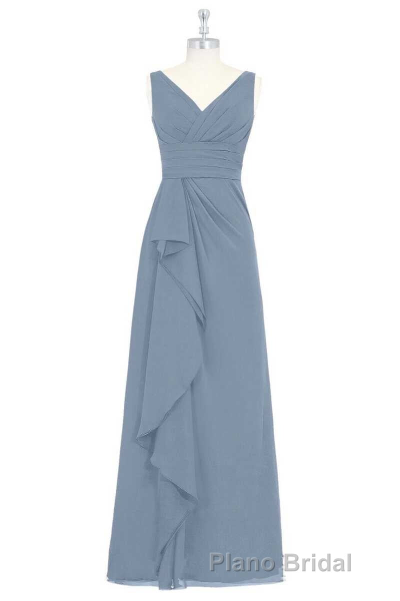 Dusty Blue V-Neck Banded Waist Ruffled Long Bridesmaid Dresses