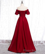 Simple Sweetheart Burgundy Satin Long Formal Prom Dresses, Burgundy Evening Dresses