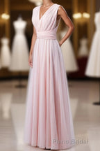 Blush Pink V-Neck Lace-Up A-Line Bridesmaid Dresses