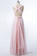 Blush Pink V-Neck Lace-Up A-Line Bridesmaid Dresses