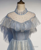 Light Blue Tulle Lace Long Prom Dress, Tulle Evening Dress