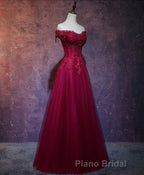 Burgundy Tulle Lace Off Shoulder Long Formal Prom Dresses, Burgundy Lace Evening Dresses