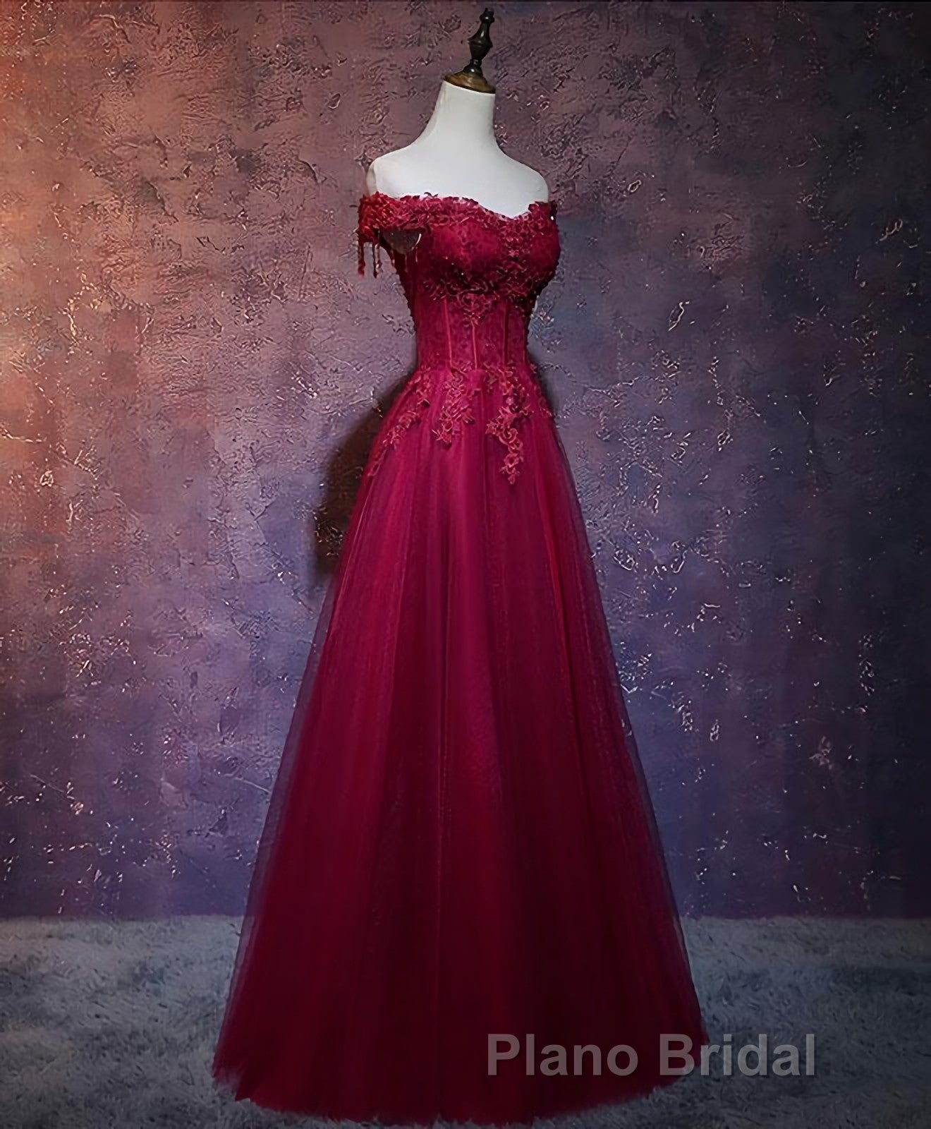 Burgundy Tulle Lace Off Shoulder Long Formal Prom Dresses, Burgundy Lace Evening Dresses