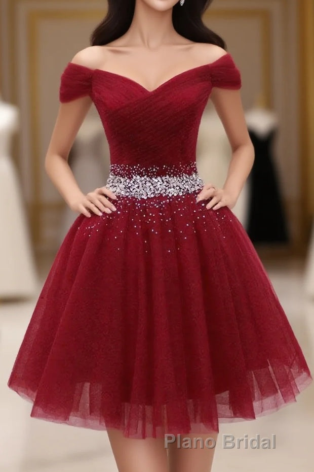 Burgundy Tulle Sequin Short Formal Prom Dresses, Burgundy Homecoming Dresses, 1 Main image