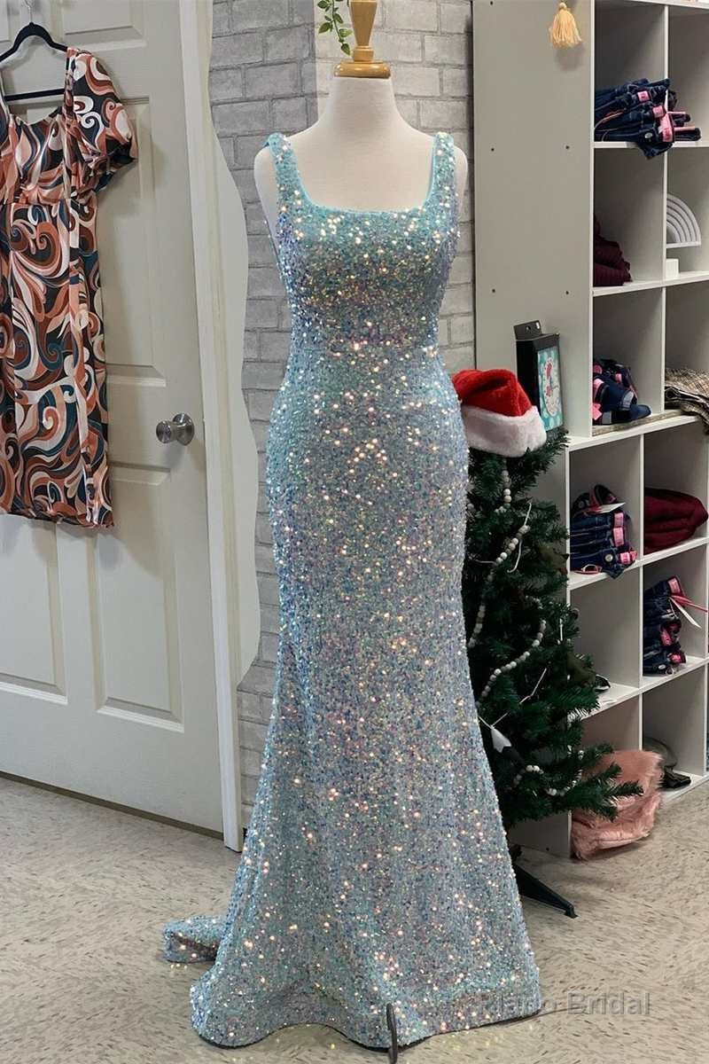Light Blue Iridescent Sequin Square Neck Mermaid Long Formal Dress Main image