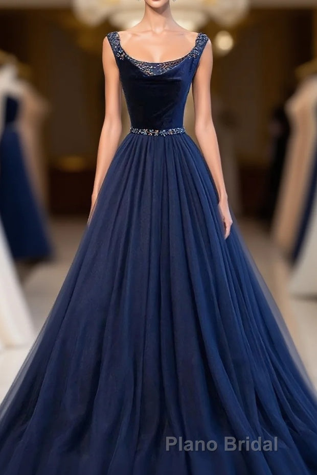 Dark Blue Tulle Long Formal Prom Dresses, Dark Blue Tulle Evening Dresses Main image