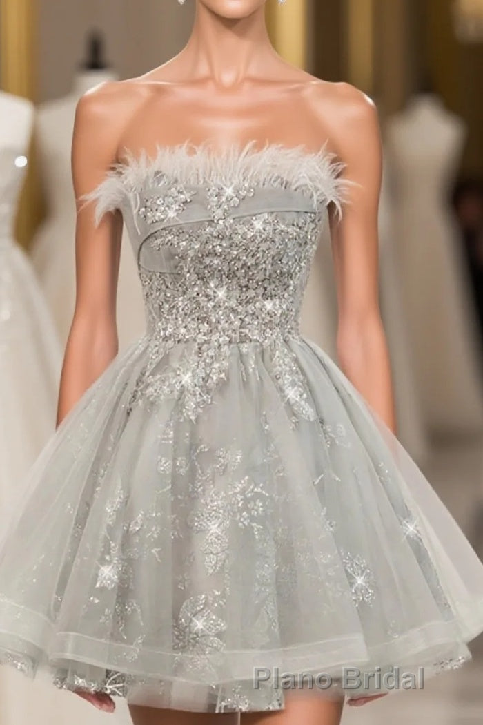 Gray Sweetheart Lace Tulle Short Formal Prom Dresses, Gray Cocktail Dresses