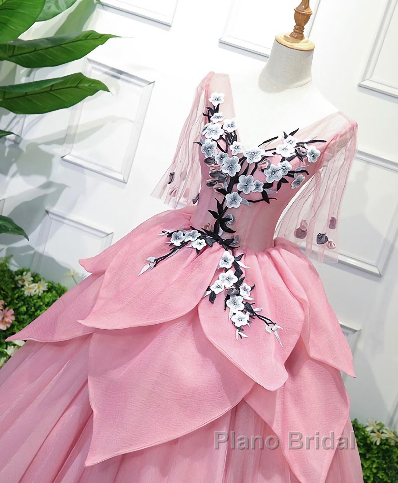 Pink V Neck Tulle Lace Applique Long Formal Prom Dress, Pink Evening Dress, 1