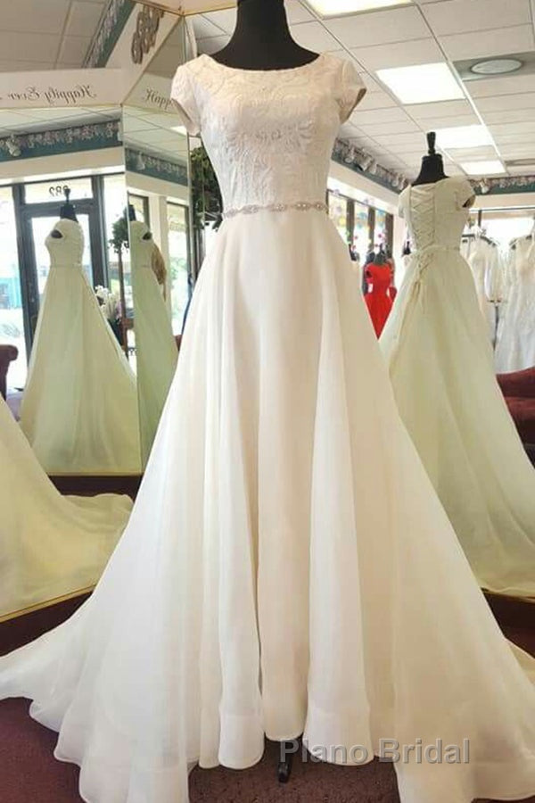 Delicate Round Neck Short Sleeves Sweep Train Lace Appliques Wedding Dresses Secondary image