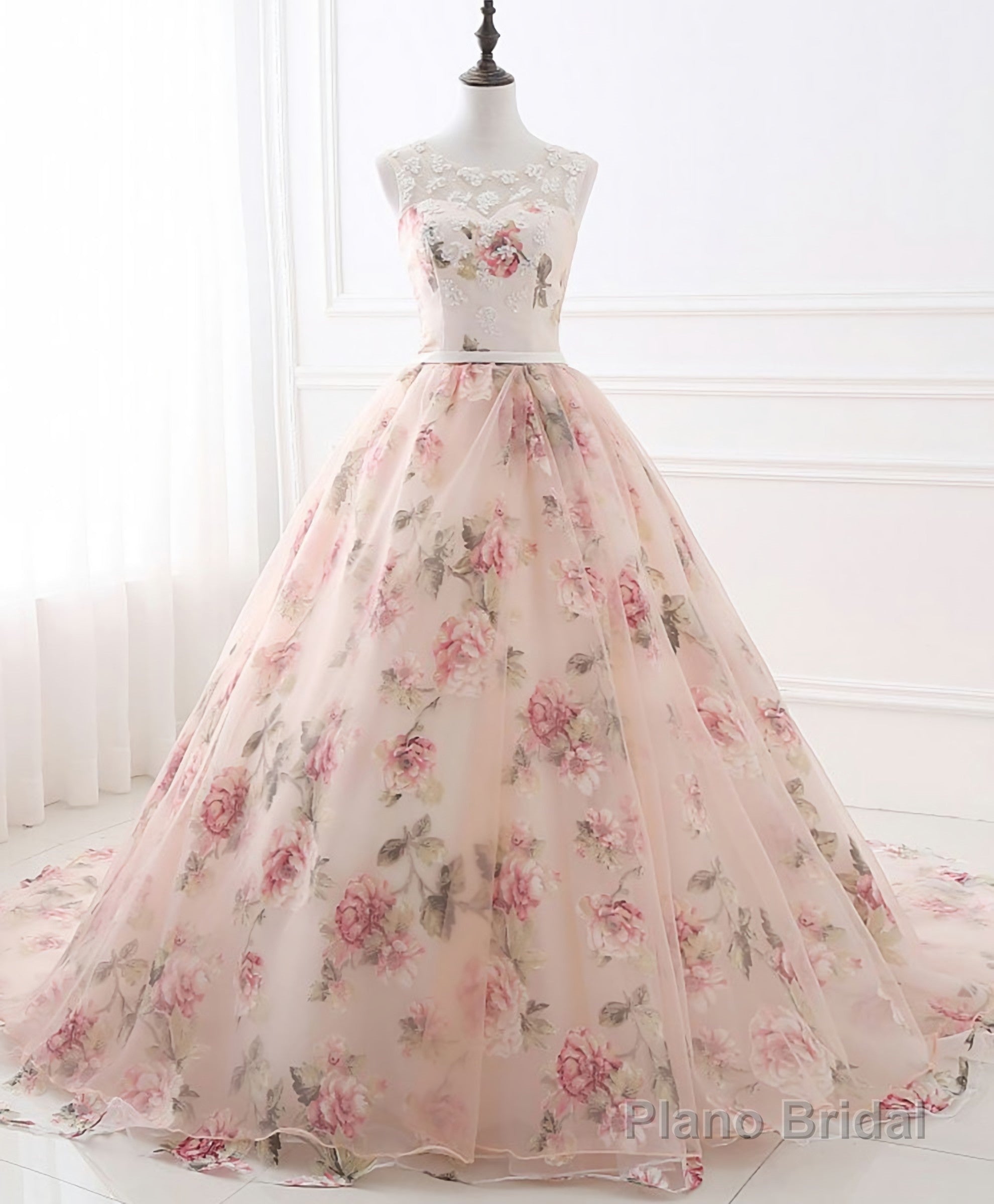 Pink Round Neck Tulle Lace Long Prom Dress, Pink Long Evening Gown Main image