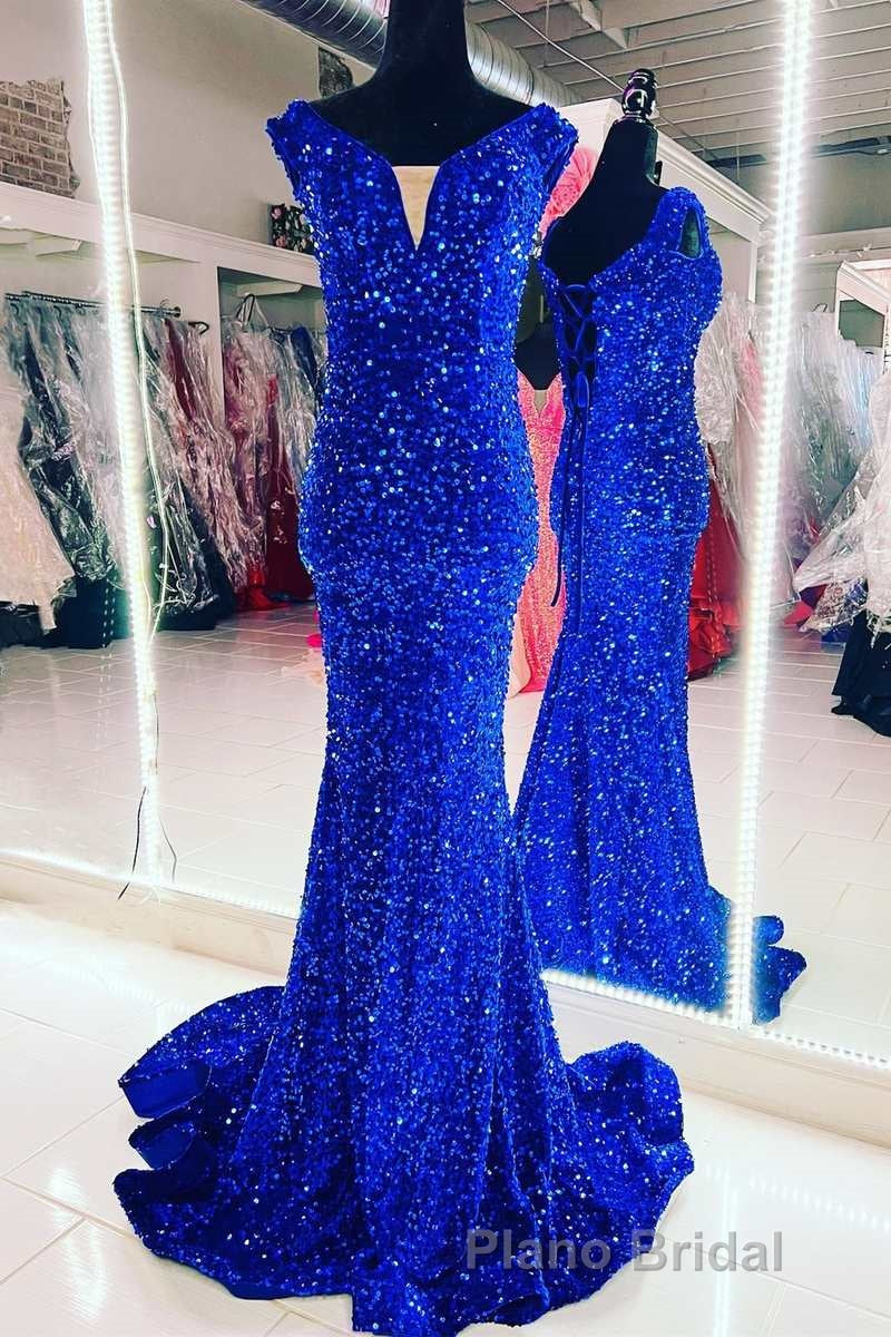 Blue Sequin V-Neck Lace-Up Mermaid Long Prom Dresses Secondary image