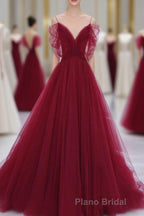 Wine Red Tulle V-Neckline Off Shoulder With Bow, Wine Red Tulle Long Formal Prom Dresses