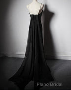 Black Soft Satin A-Line Floor Length Formal Prom Dresses, Black Straps Long Evening Dresses