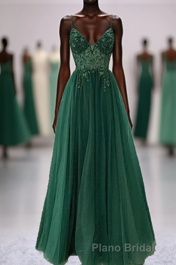 Green V-Neckline Beaded Tulle Floor Length Party Dresses, A-Line Green Formal Prom Dresses Main image