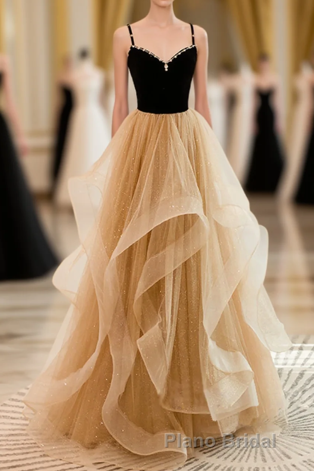 A-Line Champagne Tulle Sweetheart Beaded Long Formal Prom Dresses, Tulle Layers Party Dresses