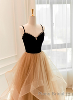 A-Line Champagne Tulle Sweetheart Beaded Long Formal Prom Dresses, Tulle Layers Party Dresses