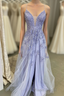 Lavender Tulle V-Neckline Long Party Dresses, Lavender Straps Formal Prom Dresses Prom Dresses