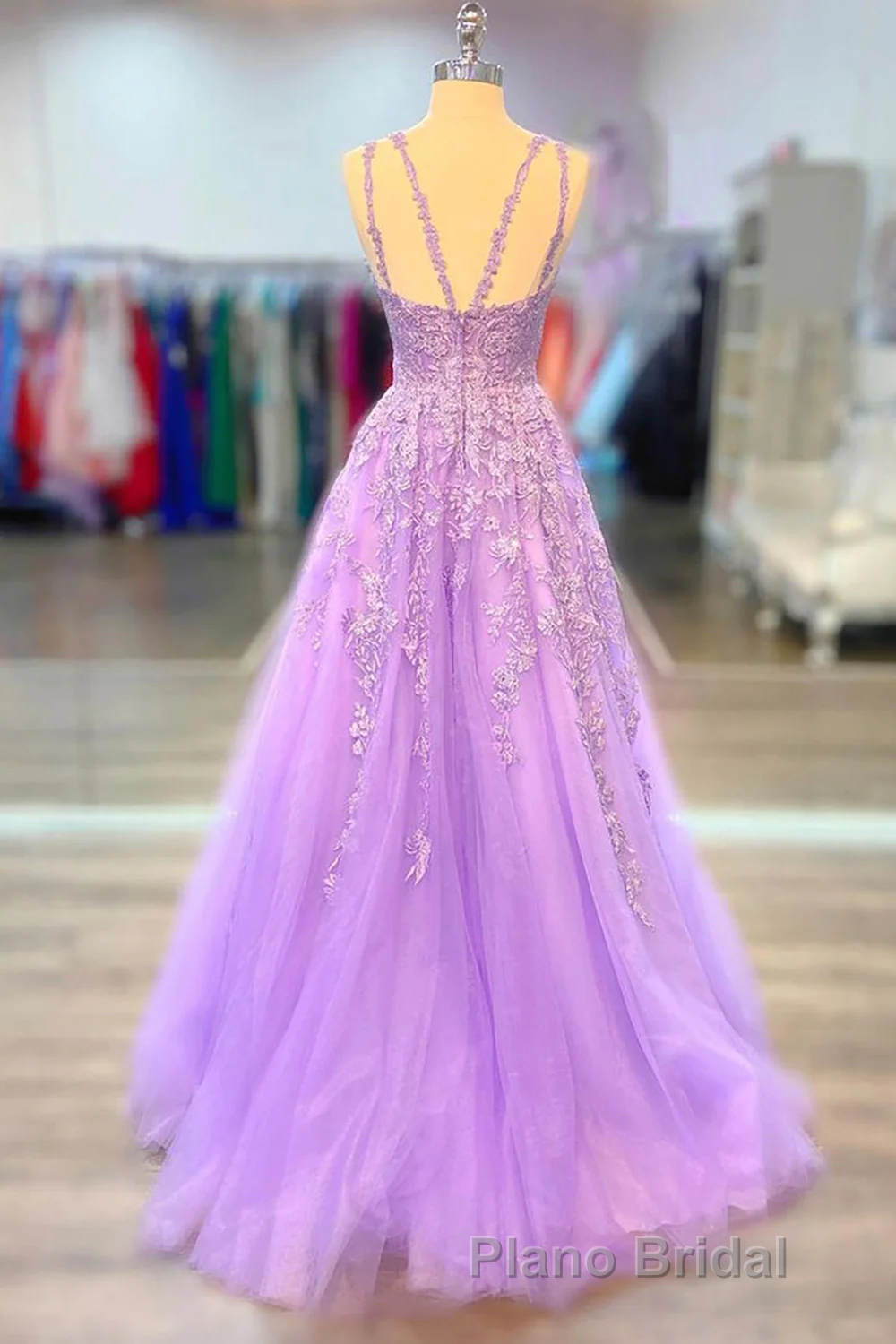 A-Line Tulle Princess Light Purple Formal Prom Dresses With Appliques, Tulle Straps Prom Dresses