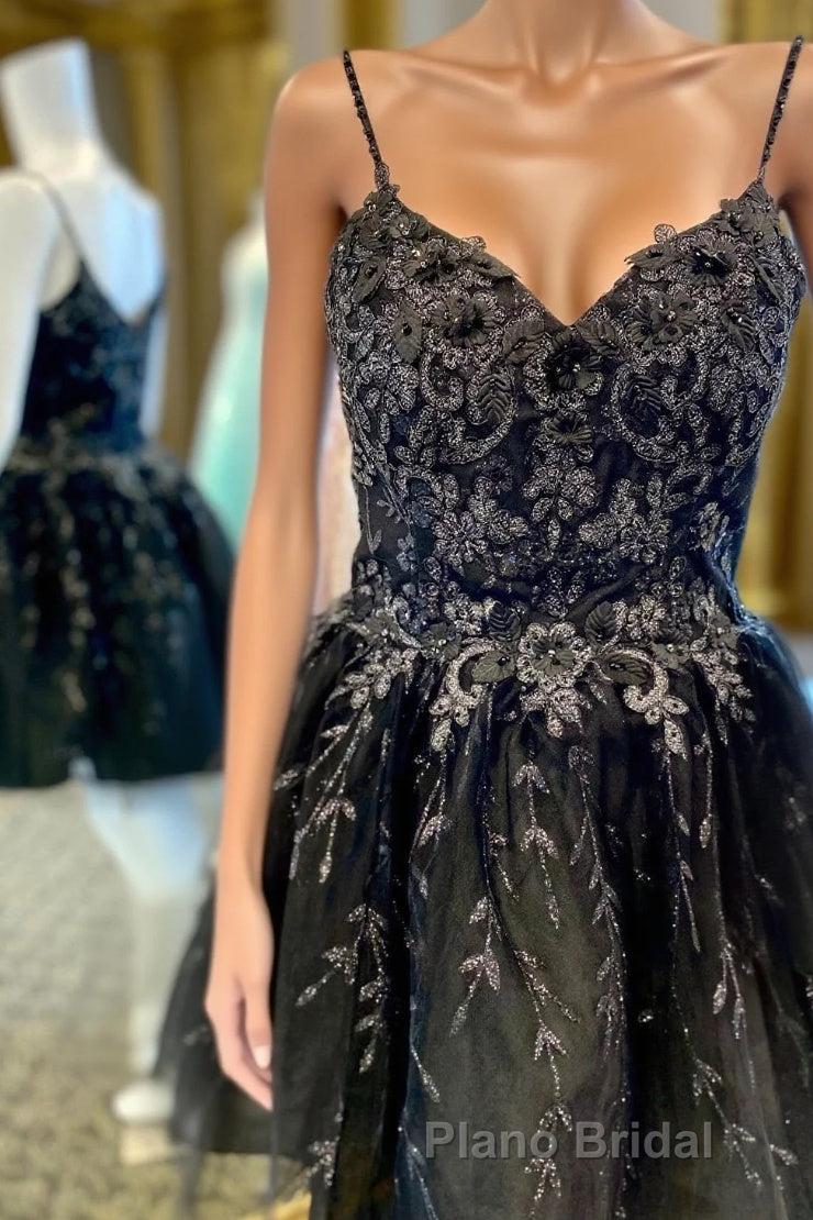 Black A-line Spaghetti Straps Appliques Short Homecoming Dresses