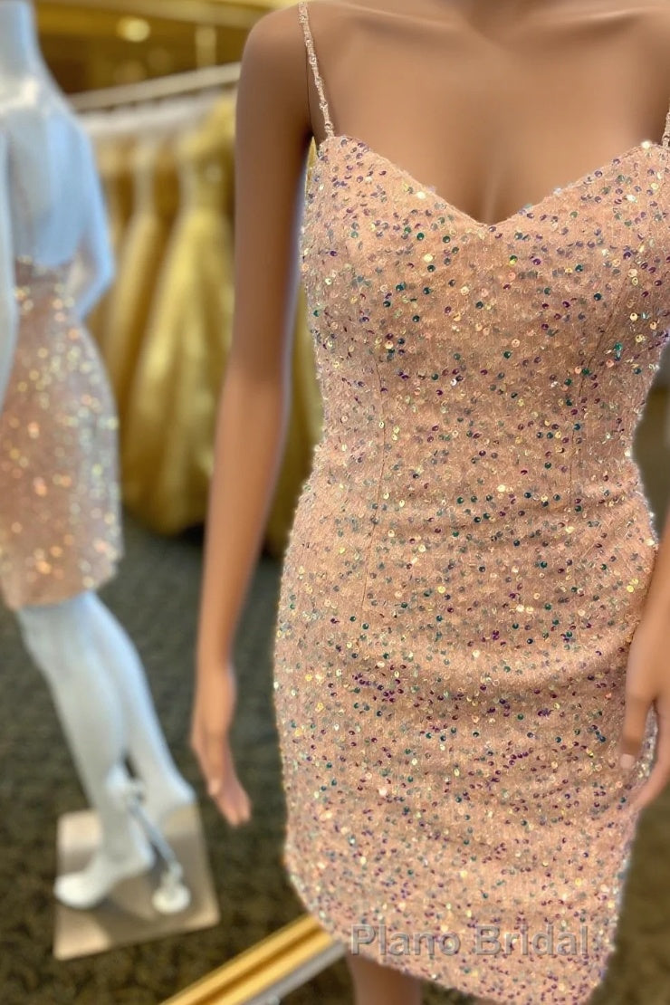 Pink Sequin Bodycon Homecoming Dresses with Straps