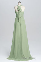 Halter Sage Pleated Ruffles Long Bridesmaid Dresses