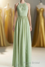 Sage Green Chiffon High Neck Long Bridesmaid Dresses