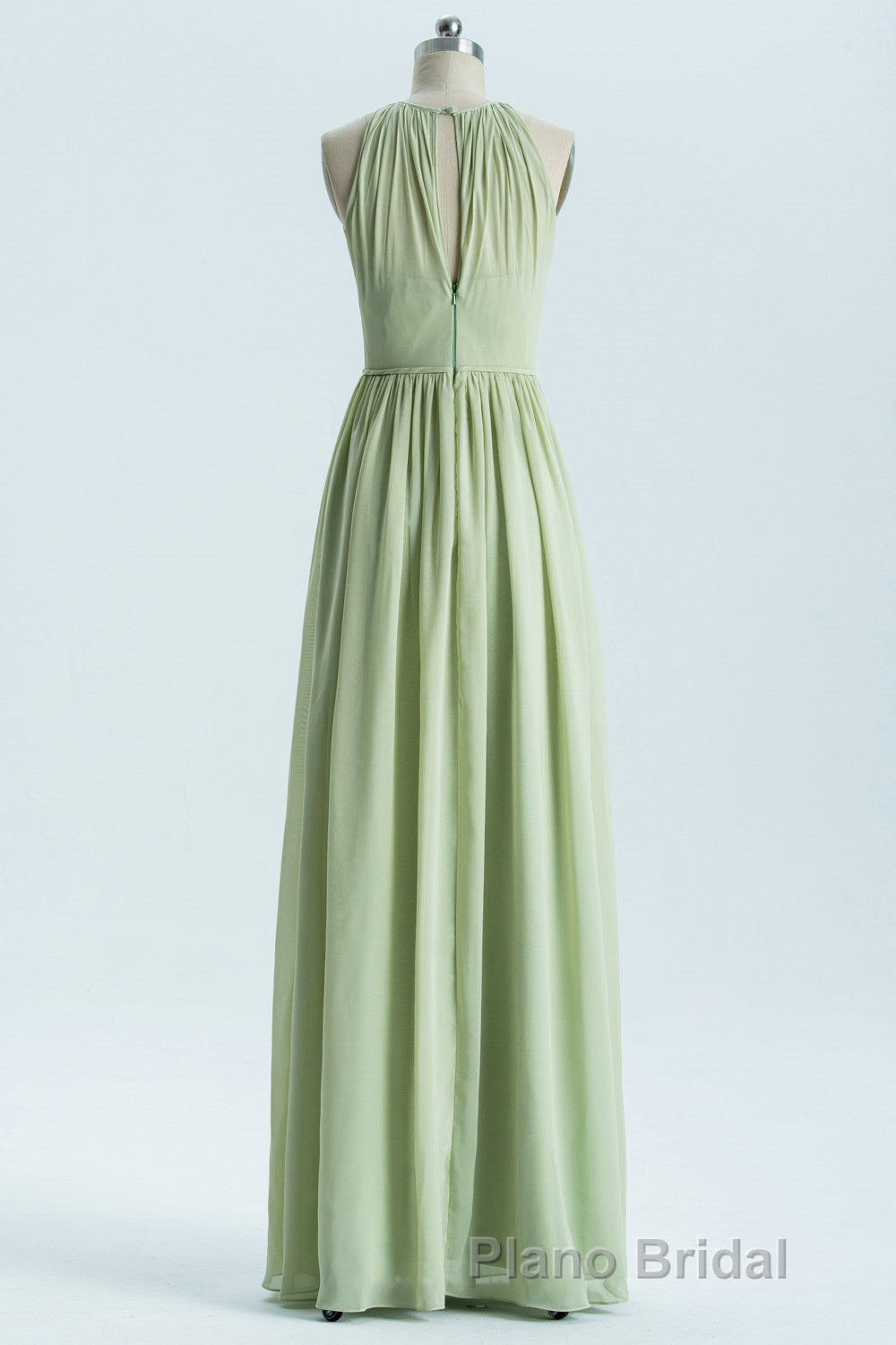Sage Green Chiffon High Neck Long Bridesmaid Dresses