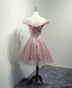 Simple V Neck Tulle Off Shoulder Short Formal Prom Dresses, Pink Homecoming Dresses
