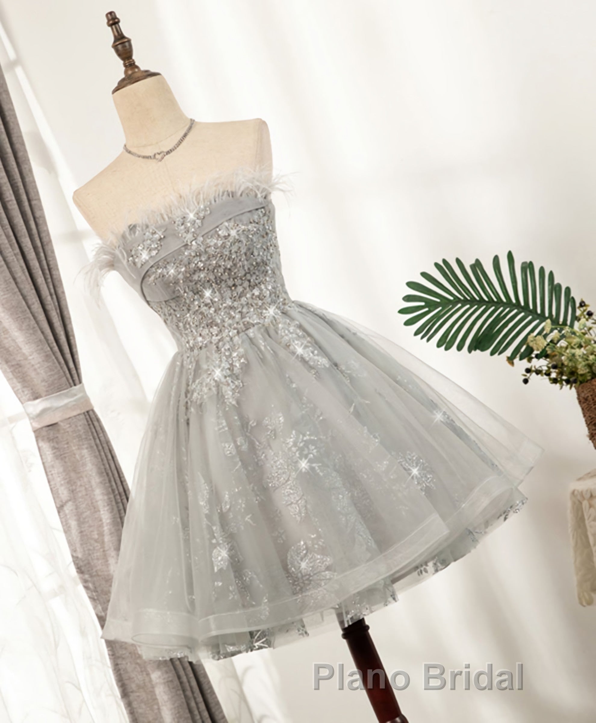 Gray Sweetheart Lace Tulle Short Formal Prom Dresses, Gray Cocktail Dresses