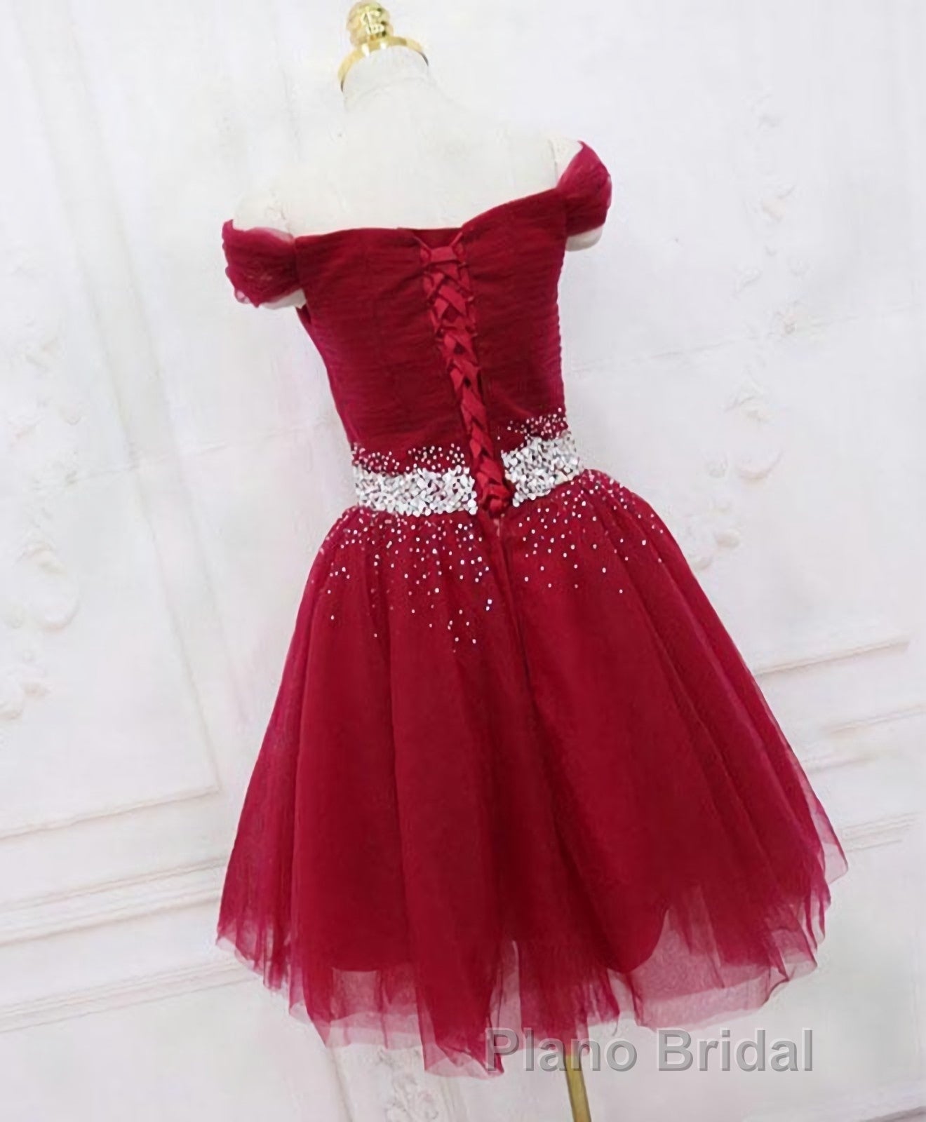 Burgundy Tulle Sequin Short Formal Prom Dresses, Burgundy Homecoming Dresses, 1