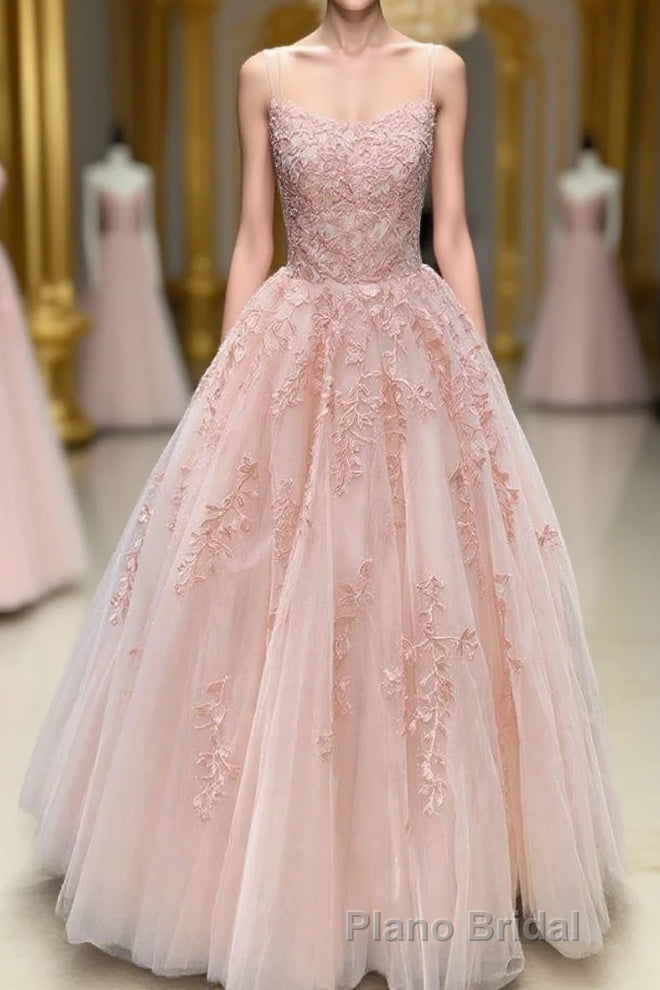 Lace Appliques Pink A LineTulle Long Formal Prom Dresses With Straps Main image