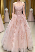 Lace Appliques Pink A LineTulle Long Formal Prom Dresses With Straps
