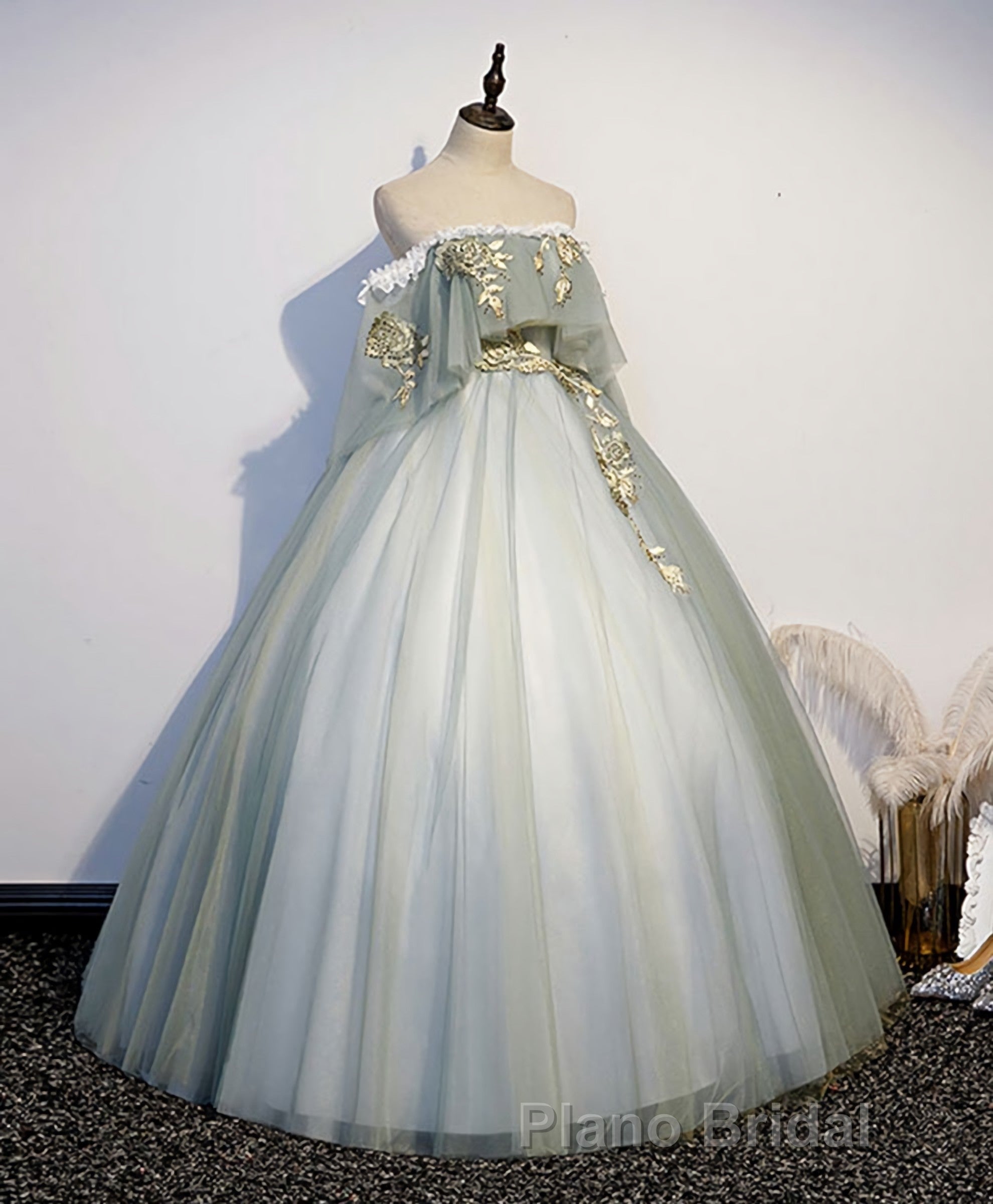 Green Tulle Lace Long Formal Prom Dresses, Green Tulle Sweetheart Dresses