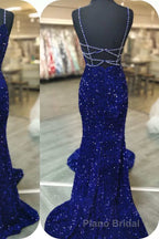 Mermaid Red Sequin V-Neck Lace-Up Back Formal Prom Dresses