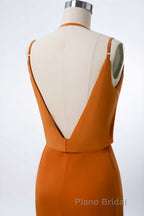 Burnt Orange Spaghetti Straps Long Bridesmaid Dresses with Slit