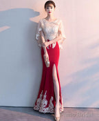 Burgundy Lace Mermaid Long Prom Dress Lace Formal Dress