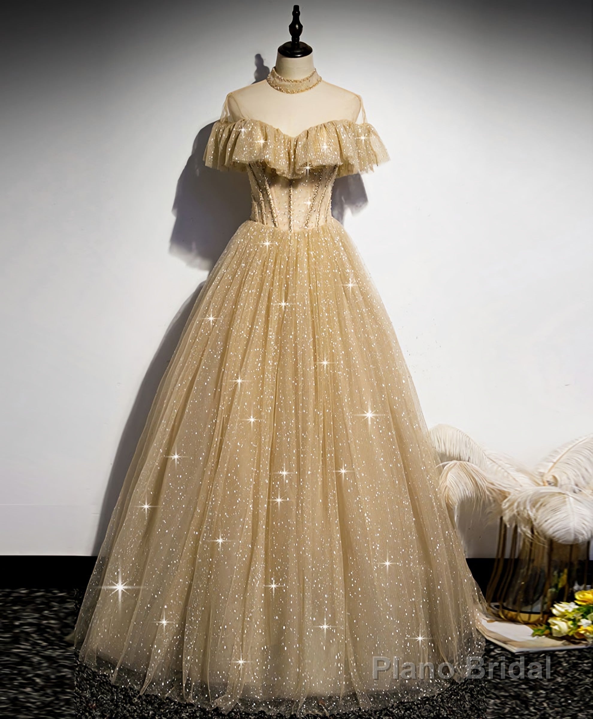 Gold Tulle Sequin Long Prom Dress, Gold Tulle Bridesmaid Dress Main image