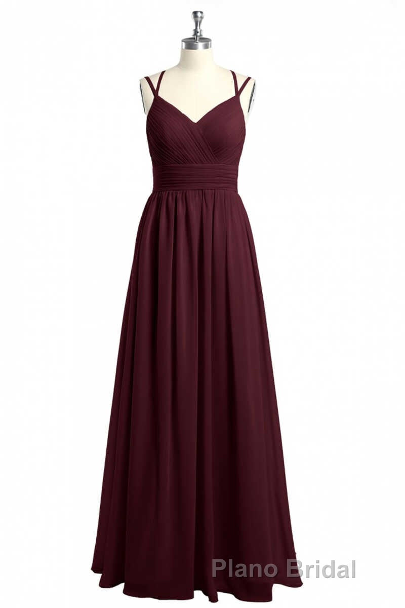 Burgundy Chiffon Spaghetti Straps A-line Long Bridesmaid Dresses